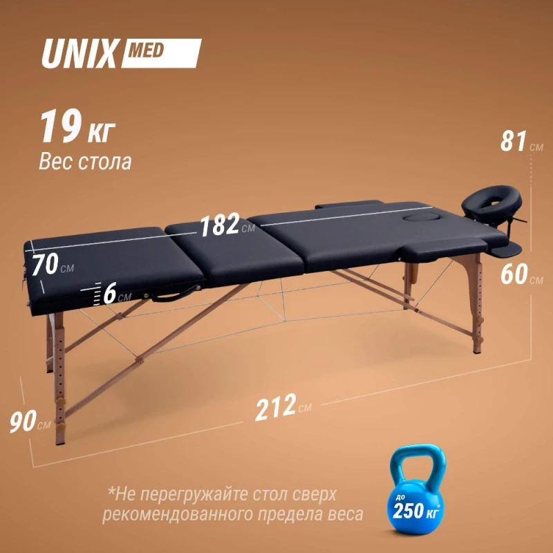 Массажный стол UNIX Стандарт / Standard 3 секции черный