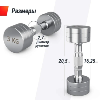 Гантель UNIX Fit PRO круглая хромированная 3 кг, 2 шт.