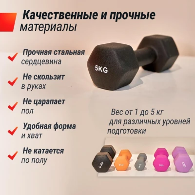 Гантель UNIX Fit неопреновая 5 кг черный, 2 шт.