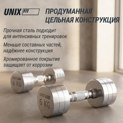 Гантель UNIX Fit PRO круглая хромированная 6 кг, 2 шт.