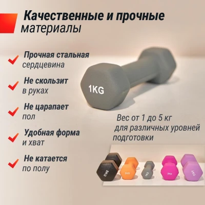 Гантель UNIX Fit неопреновая 1 кг серый, 2 шт.